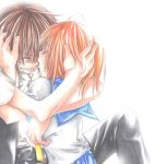  1girl brown_hair closed_eyes comforting couple hand_on_head higurashi_no_naku_koro_ni hug kiss lowres maebara_keiichi orange_hair ryuuguu_rena school_uniform serafuku short_hair tears 