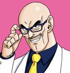  bald bespectacled dragon_ball dragon_ball_z facial_hair formal glasses grin male mustache nappa necktie simple_background smile solo suit tsundere_ouji yakuza 