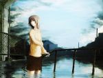  brown_hair flood railing reflection short_hair skirt standing wading water yoshidaworks 