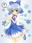  bad_id blue_dress blue_eyes blue_hair blush bow cirno dress fang fingers hair_bow halftone halftone_background hanabana_tsubomi mary_janes neck_ribbon notenotenote open_mouth ribbon ribbons shoes short_hair smile standing_on_one_leg touhou wings 