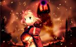  armor blonde_hair blood blood_on_face fate/stay_night fate/zero fate_(series) fire green_eyes highres ruins saber solo takeuchi_takashi wallpaper 