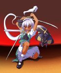  blood bloomers dark_skin dual_wield dual_wielding fangs highres jojo_no_kimyou_na_bouken katana konpaku_youmu konpaku_youmu_(ghost) mugen_(game) myon parody red_eyes silver_hair stand_(jojo) sword tan touhou triple_wield triple_wielding uzuki weapon 