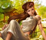  brown_eyes brown_hair china_dress chinadress chinese_clothes earrings eyeshadow general's_order hair_ornament hairclip jewelry long_hair midriff nail_polish nature sitting stanley_lau xiao_qiao 