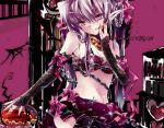  blood bra chain chains elbow_gloves elf english fingerless_gloves gloves ichiyou_moka lingerie midriff pointy_ears purple_hair ribbon ribbons tongue underwear yellow_eyes 