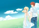  1girl ahoge aqua_eyes blonde_hair cloud clouds couple dress emiya_shirou fate/stay_night fate_(series) hand_holding happy holding_hands kayaka laughing looking_back meadow saber sky smile white_dress 