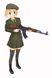  assault_rifle blue_eyes boots gun kalashnikov military necktie rifle skirt takafumi thigh-highs thighhighs trigger_discipline uniform weapon zettai_ryouiki 