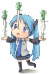  balancing blue_eyes blue_hair chibi detached_sleeves hatsune_miku long_hair necktie okiami skirt spring_onion thigh-highs thighhighs twintails vocaloid 