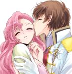  1girl blush brown_hair closed_eyes code_geass couple euphemia_li_britannia gloves hold holding kiss kurimomo kururugi_suzaku long_hair pink_hair short_hair 