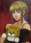  bad_id bare_shoulders blonde_hair fate/stay_night fate_(series) hair_ribbon hair_ribbons lion mister_donut moe_lion oil_painting_(medium) pon_de_lion ribbon ribbons saber smile stuffed_animal stuffed_toy tafuto traditional_media work_in_progress 