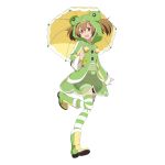  1girl animal_ears boots brown_hair cat_ears frog_hood full_body highres holding holding_umbrella leg_up long_sleeves looking_at_viewer navel open_mouth puffy_pants raincoat red_eyes see-through short_hair shorts silica silica_(sao-alo) simple_background solo striped striped_legwear sword_art_online sword_art_online:_code_register thigh-highs umbrella white_background 
