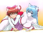  animal_ears aoi_(gegege_no_kitarou) blue_eyes blue_hair bow breasts brown_hair cat_ears cat_tail cleavage gegege_no_kitarou hair_bow huge_breasts japanese_clothes kimono long_hair multiple_girls nekomusume pale_skin short_hair tail ueyama_michirou yuki_onna yukionna 