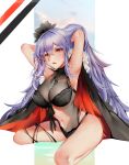  1girl absurdres alternate_costume armpits arms_behind_head azur_lane bangs black_flower black_swimsuit blush breasts cleavage eyebrows_visible_through_hair flower fur-trimmed_cloak graf_zeppelin_(azur_lane) hair_between_eyes hair_flower hair_ornament highres kneeling large_breasts long_hair looking_at_viewer messy_hair navel one-piece_swimsuit open_mouth para3318 red_eyes see-through sidelocks silver_hair solo stomach swimsuit thighs very_long_hair 