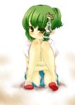  bandaid blush corocoma green_hair kindergarten knee_hug kochiya_sanae leg_hug loli ponytail shorts touhou yellow_eyes young 