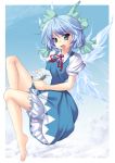  beetle bloomers blue_eyes blue_hair bow cirno dress feet floating frown frozen hair_bow highres ichio insect neck_ribbon open_mouth ribbon short_hair touhou wings 