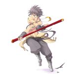  1boy black_eyes black_hair bokken covered_mouth fingerless_gloves gloves greaves male pants pole satomi shirtless solo spiked_hair staff sword tattoo weapon white_background wooden_sword 