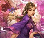  artgerm brown_eyes brown_hair butterflies butterfly da_qiao eyeshadow flower general's_order long_hair pink pink_background stanley_lau 