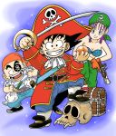  bandana bicorne bikini_top black_hair bulma can dragon_ball dragonball eyepatch flintlock gloves grin gun handgun hat kuririn midriff oldschool pirate pirate_costume pirate_hat pistol purple_hair saber saber_(weapon) sandals skull skull_and_crossbones smile son_goku son_gokuu sword treasure_chest weapon young 