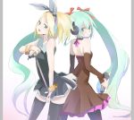  alternate_hairstyle back-to-back back_to_back blonde_hair blue_eyes blue_hair elbow_gloves flat_chest gloves hair_ribbon hair_ribbons hatsune_miku kagamine_rin long_hair microphone microphone_stand ribbon ribbons short_hair tansuke thigh-highs thighhighs twintails very_long_hair vocaloid 