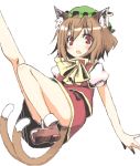  barefoot brown_hair cat_ears cat_tail chen convenient_leg fang hat hirasato jewelry leg_lift multiple_tails open_mouth red_eyes ribbon ribbons short_hair single_earring solo tail touhou 