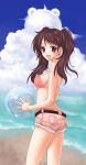  beach belt bikini_top blush breasts brown_hair earrings jewelry kujikawa_rise long_hair nekomura_maccha open_mouth persona persona_4 shorts sideboob smile twintails 