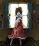  bouquet curtains detached_sleeves flower hakurei_reimu indoors japanese_clothes kame miko red_eyes touhou window 