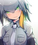  &gt;:( 1girl bangs chromatic_aberration collar collared_shirt eyebrows_visible_through_hair eyelashes green_eyes grey_hair grey_shirt hair_between_eyes head_tilt highres kemono_friends long_hair looking_at_viewer low_ponytail multicolored multicolored_eyes multicolored_hair necktie orange_hair pocket sanpaku shirt shoebill_(kemono_friends) short_sleeves side_ponytail simple_background solo tgh326 tsurime upper_body white_background 