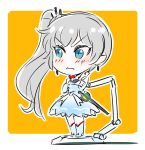  1girl angry blue_eyes blush boots chibi commentary_request earrings eye_scar figma figma_stand iesupa jewelry nendoroid rwby weiss_schnee white_hair 