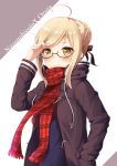  1girl absurdres adjusting_hair ahoge bangs black-framed_eyewear black_ribbon blonde_hair blush braid character_name closed_mouth coat duffel_coat eyebrows_visible_through_hair fate/grand_order fate_(series) french_braid fringe glasses grey_background hair_bun hair_ribbon hand_in_pocket hand_up heroine_x heroine_x_(alter) highres open_clothes open_coat plaid plaid_scarf red_scarf ribbon saber scarf semi-rimless_glasses short_hair_with_long_locks sidelocks solo swept_bangs two-tone_background under-rim_glasses upper_body white_background yellow_eyes yukarite 