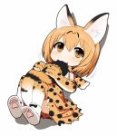  1girl :3 animal_ears bare_shoulders between_legs blonde_hair cat_ears cat_tail elbow_gloves gloves kemono_friends looking_at_viewer lying on_back serval_(kemono_friends) serval_ears serval_tail short_hair skirt sleeveless solo sucking_tail sudo_shinren tail tail_between_legs thigh-highs yellow_eyes 