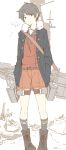  1girl belt black_hair boots breath coat full_body fur_trim grey_eyes hands_in_pockets head_tilt kantai_collection limited_palette mogami_(kantai_collection) ninimo_nimo open_clothes open_coat short_hair shorts simple_background solo white_background 