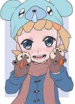  1girl :d alternate_costume bear black_background blonde_hair blue_coat blue_eyes blue_hat brown_scarf coat cub cubchoo eureka_(pokemon) eyebrows_visible_through_hair flat_chest hair_ornament hands_on_own_cheeks hands_on_own_face hat lion litleo long_sleeves looking_at_viewer low_ponytail mittens nose_drip open_mouth pokemon pokemon_(game) pokemon_xy scarf short_hair short_ponytail side_ponytail smile solo standing suzuki_zentarou tareme teeth tongue upper_body winter_clothes 