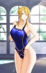  1girl alternate_costume artoria_pendragon_lancer_(fate/grand_order) bangs blonde_hair blue_swimsuit breasts colored_eyelashes competition_swimsuit cowboy_shot fate/grand_order fate_(series) green_eyes hair_between_eyes highleg highleg_swimsuit large_breasts lips looking_at_viewer one-piece_swimsuit pool poolside saber sidelocks smile solo swept_bangs swimsuit taka_(vert_320) thighs 