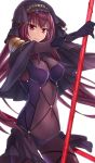  1girl armor bodysuit breasts closed_eyes covered_navel fate/stay_night fate_(series) gae_bolg holding holding_weapon long_hair looking_at_viewer medium_breasts pauldrons polearm purple_bodysuit purple_hair red_eyes riffey scathach_(fate/grand_order) shoulder_armor spear veil very_long_hair weapon 