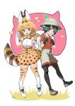 2girls animal_ears backpack bag bare_shoulders black_hair blonde_hair blush bow bowtie breasts commentary_request elbow_gloves full_body gloves hat highres kaban kemono_friends looking_at_viewer multiple_girls open_mouth pantyhose paw_pose safari_hat serval_(kemono_friends) serval_ears serval_tail shirt shoes short_hair skirt sleeveless smile standing sugito_akira tail thigh-highs yellow_eyes 