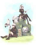  1boy 2girls android boots breasts cleavage cleavage_cutout cup dress drinking gloves grass high_heels highres holding holding_cup juliet_sleeves legs_crossed long_hair long_sleeves multiple_girls nier_(series) nier_automata pale_skin patterned_clothing pod_(nier_automata) puffy_sleeves robot short_hair shorts simple_background sitting smile tea text thigh-highs white_hair yorha_no._2_type_b yorha_no._9_type_s yorha_type_a_no._2 