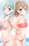  2girls alternate_costume aqua_hair back-to-back bikini blue_eyes blurry blush breasts brown_hair cowboy_shot dated depth_of_field from_side green_eyes groin hair_ornament hairclip halter_top halterneck hand_holding highres interlocked_fingers kantai_collection kumano_(kantai_collection) large_breasts long_hair looking_at_viewer lowleg lowleg_bikini midriff multiple_girls nail_polish navel one_eye_closed ponytail red_bikini sakiryo_kanna sideboob small_breasts smile string_bikini striped striped_bikini suzuya_(kantai_collection) swimsuit under_boob wink 