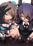  2girls black_legwear blue_eyes breasts brown_hair checkered checkered_necktie cleavage eyepatch gloves hat headgear hikomaro610 kantai_collection looking_at_viewer maya_(kantai_collection) multiple_girls necktie parted_lips partly_fingerless_gloves pleated_skirt purple_hair reaching_out short_hair skirt squatting tenryuu_(kantai_collection) thigh-highs yellow_eyes 