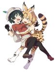  2girls @_@ animal_ears backpack bag bare_shoulders black_gloves black_hair blue_eyes blush boots bow bowtie breasts cat_ears cat_tail collarbone d: elbow_gloves eyelashes fang feathers full_body glomp gloves hair_between_eyes hat highres hug kaban kemono_friends loafers looking_at_another looking_away medium_breasts multiple_girls open_mouth orange_eyes orange_hair pantyhose red_shirt ribbon ribbon-trimmed_clothes ribbon-trimmed_skirt ribbon_trim safari_hat scared serval_(kemono_friends) serval_ears serval_tail shirt shoe_soles shoes short_hair short_sleeves shorts simple_background skirt sleeveless sleeveless_shirt socks sunao_(souis) sweat tail tareme teeth thigh-highs tongue tongue_out turn_pale white_background white_boots white_shirt yuri 