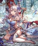  1girl 77gl blue_dress blue_eyes breasts cleavage cleavage_cutout crown detached_sleeves dress flower hair_flower hair_ornament high_heels large_breasts loincloth long_hair mini_crown pointy_ears shingeki_no_bahamut shoe_removed side_slit silver_hair single_thighhigh sitting solo thigh-highs thighhighs_removed white_legwear yokozuwari 