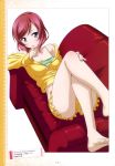  1girl absurdres barefoot breasts cleavage collarbone couch feet green_shirt highres jacket long_hair looking_at_viewer love_live! love_live!_school_idol_project lying nishikino_maki on_back otono_natsu redhead scan shirt shorts solo toes violet_eyes yellow_jacket yellow_shorts zipper 