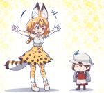  2girls animal_ears backpack bag blonde_hair boots bow bowtie brown_hair closed_eyes commentary_request elbow_gloves feathers gloves hat kaban kemono_friends leaf_print multiple_girls open_mouth outstretched_arms safari_hat serval_(kemono_friends) serval_ears serval_tail shirt shoes short-sleeved short_hair shorts skirt sleeveless sleeveless_shirt smile spread_arms t-shirt tail thigh-highs tomoyohi translation_request yellow_background 