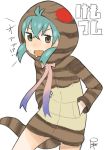 1girl ahoge aqua_hair bare_legs brown_eyes cowboy_shot crossed_bangs d: d:&lt; eyelashes hands_in_pockets highres hood hoodie jitome kemono_friends long_sleeves neck_ribbon open_mouth pocket ribbon satsuyo sidelocks signature simple_background solo striped striped_tail sweat tail translation_request tsuchinoko_(kemono_friends) wavy_mouth white_background 