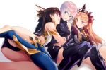  3girls armlet ass bangs bare_shoulders black_hair black_legwear blonde_hair blue_legwear blush breasts cape crown earrings elbow_gloves ereshkigal_(fate/grand_order) fate/grand_order fate_(series) gloves hair_ribbon hoop_earrings ishtar_(fate/grand_order) jewelry long_hair looking_at_another medium_breasts multiple_girls open_mouth purple_hair red_cape red_eyes red_ribbon ribbon shielder_(fate/grand_order) short_hair simple_background single_thighhigh skirt skull thigh-highs tohsaka_rin two_side_up violet_eyes yomo_(majidon) 