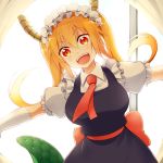  1girl bangs blonde_hair breasts dragon_girl dragon_horns dragon_tail dress eyebrows_visible_through_hair gloves horns indoors kobayashi-san_chi_no_maidragon large_breasts long_hair looking_at_viewer maid maid_headdress necktie open_mouth outstretched_arms red_eyes red_necktie sash short_sleeves slit_pupils solo spread_arms suyamunya tail tooru_(maidragon) twintails white_gloves window 