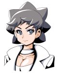  1girl actress alternate_breast_size bangs black_hair blue_eyes breasts carnet_(pokemon) choker cleavage closed_mouth collarbone eyelashes eyeshadow jacket koutarosu large_breasts looking_at_viewer makeup open_clothes open_jacket pokemon pokemon_(game) pokemon_xy short_hair simple_background smile solo tsurime upper_body very_short_hair white_background white_jacket 