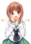  1girl :d bangs blush brown_eyes brown_hair collarbone eyebrows_visible_through_hair girls_und_panzer green_skirt hands_on_own_cheeks hands_on_own_face looking_at_viewer neckerchief nishizumi_miho ntk_(7t5) open_mouth pleated_skirt school_uniform serafuku short_hair_with_long_locks sidelocks simple_background skirt smile solo tareme upper_body white_background 