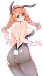  1girl amakusa_itsuki animal_ears ass back braid breasts bunny_girl bunny_tail bunnysuit detached_collar dorothy_(amakusa_itsuki) fake_animal_ears from_behind large_breasts leg_up long_hair looking_at_viewer looking_back orange_hair original pantyhose rabbit_ears sideboob simple_background smile solo tail twin_braids twintails white_background wrist_cuffs 