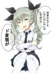  1girl anchovy bangs belt black_necktie black_skirt commentary crossed_arms dress_shirt drill_hair emblem gedou_(ge_ge_gedou) girls_und_panzer green_hair half-closed_eyes long_hair long_sleeves looking_at_viewer miniskirt necktie open_mouth pantyhose pleated_skirt red_eyes school_uniform shirt sketch skirt smirk solo standing translated twin_drills twintails white_background white_legwear white_shirt 