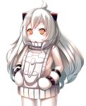  1girl ahoge aircraft airplane alternate_costume breasts clothes_pull commentary_request fuuki_(te_fuukin) horns kantai_collection long_hair meme_attire mittens northern_ocean_hime orange_eyes shinkaisei-kan sideboob simple_background small_breasts solo sweater sweater_pull triangle_mouth virgin_killer_sweater white_background white_hair white_skin 