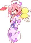  100_percent_orange_juice 1girl ahoge bird breasts character_name chick cleavage flower hono japanese_clothes kimono paddle pink_hair qp_shooting red_eyes short_hair table_tennis_paddle tongue tongue_out wide_sleeves yukata 